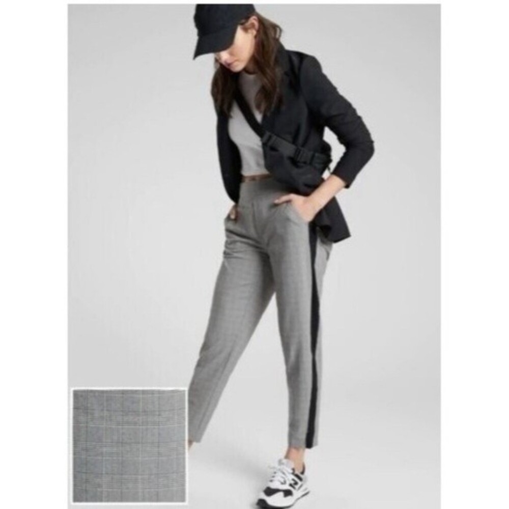 Athleta Brooklyn Ankle Pants Black Pull On Crop Pockets Glen Plaid Stripe Size 0
